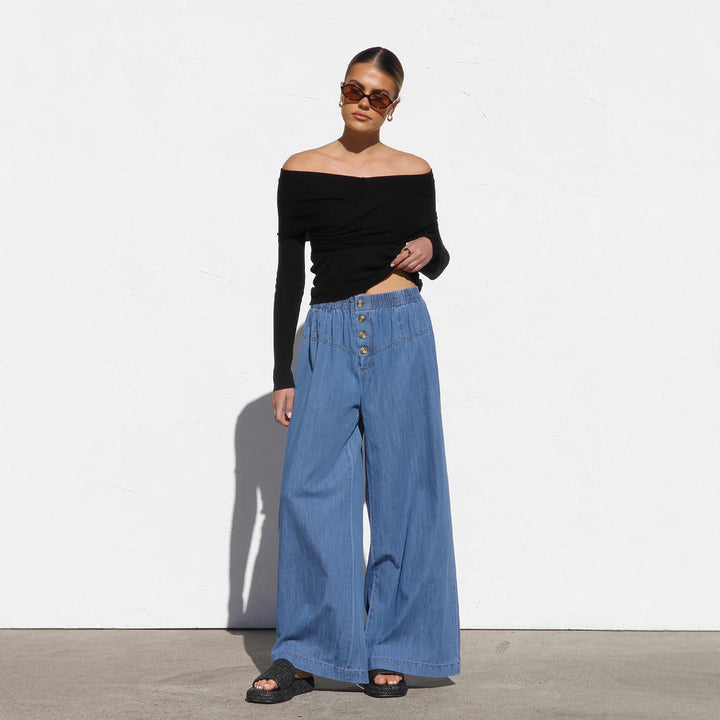 Damen weite Denim-Hotpants mit elastischem Bund und Knopfdetails Drune