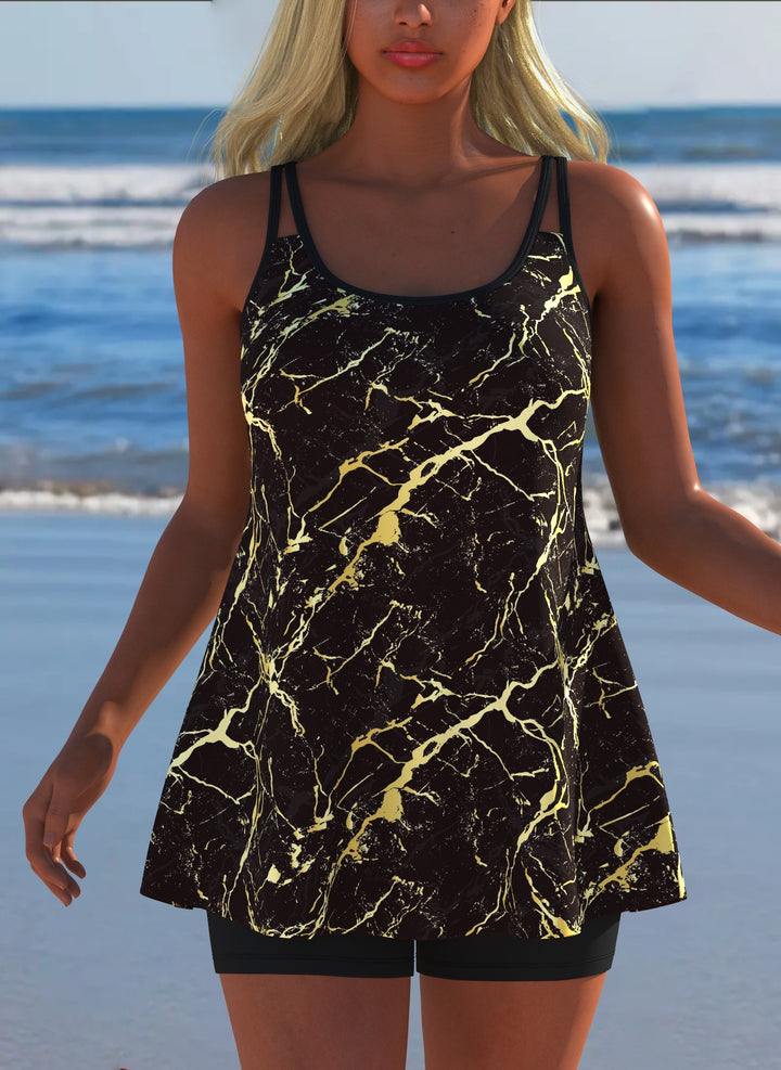Damen Schwimmanzug in Plissee-Optik mit floralen Mustern und bequemen Shorts Drune