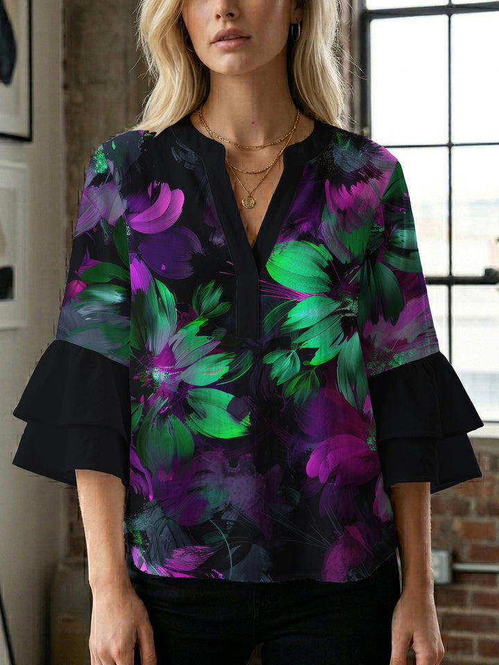 Damen Bluse mit voluminösen Rüschenärmeln und floralem Muster Drune