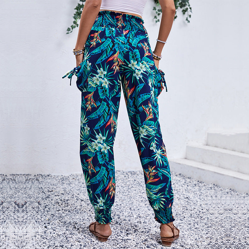 Damen Cargo-Hose mit elastischem Bund und buntem Blätter-Print Drune