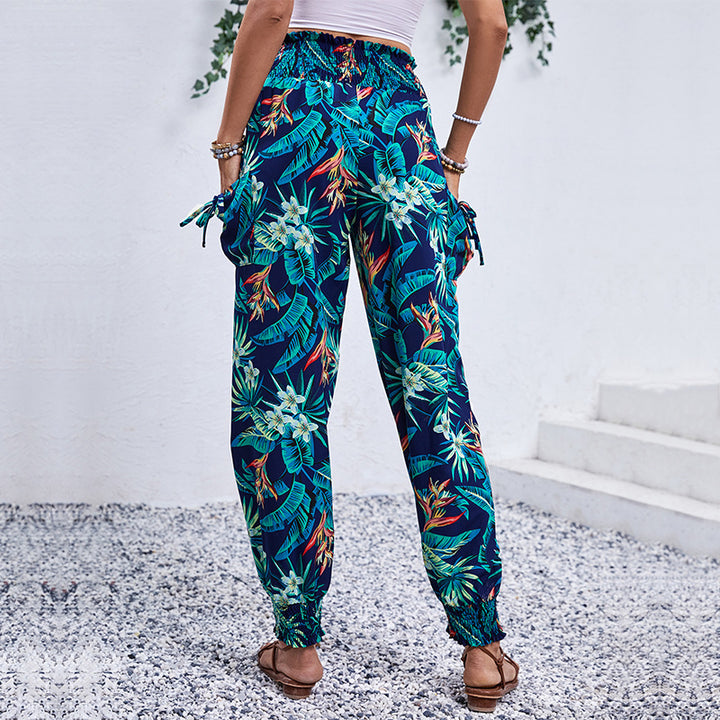 Damen Cargo-Hose mit elastischem Bund und buntem Blätter-Print Drune