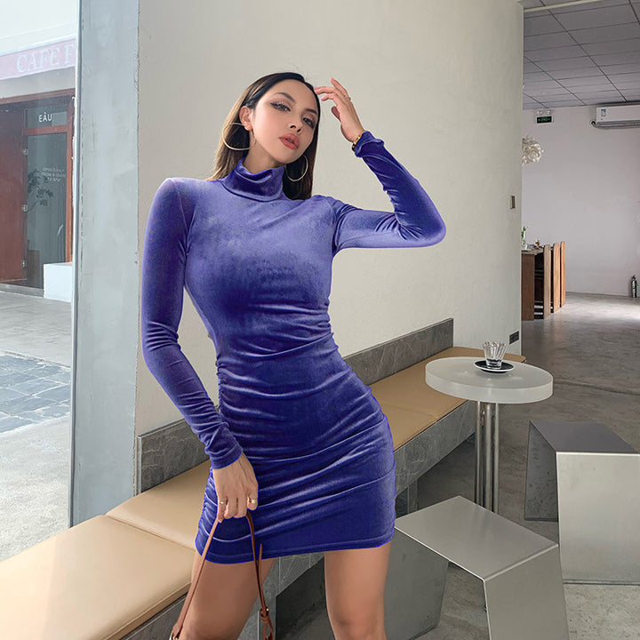 Damen exklusives Samt-Minikleid mit Stehkragen und raffinierten Rüschendetails Drune