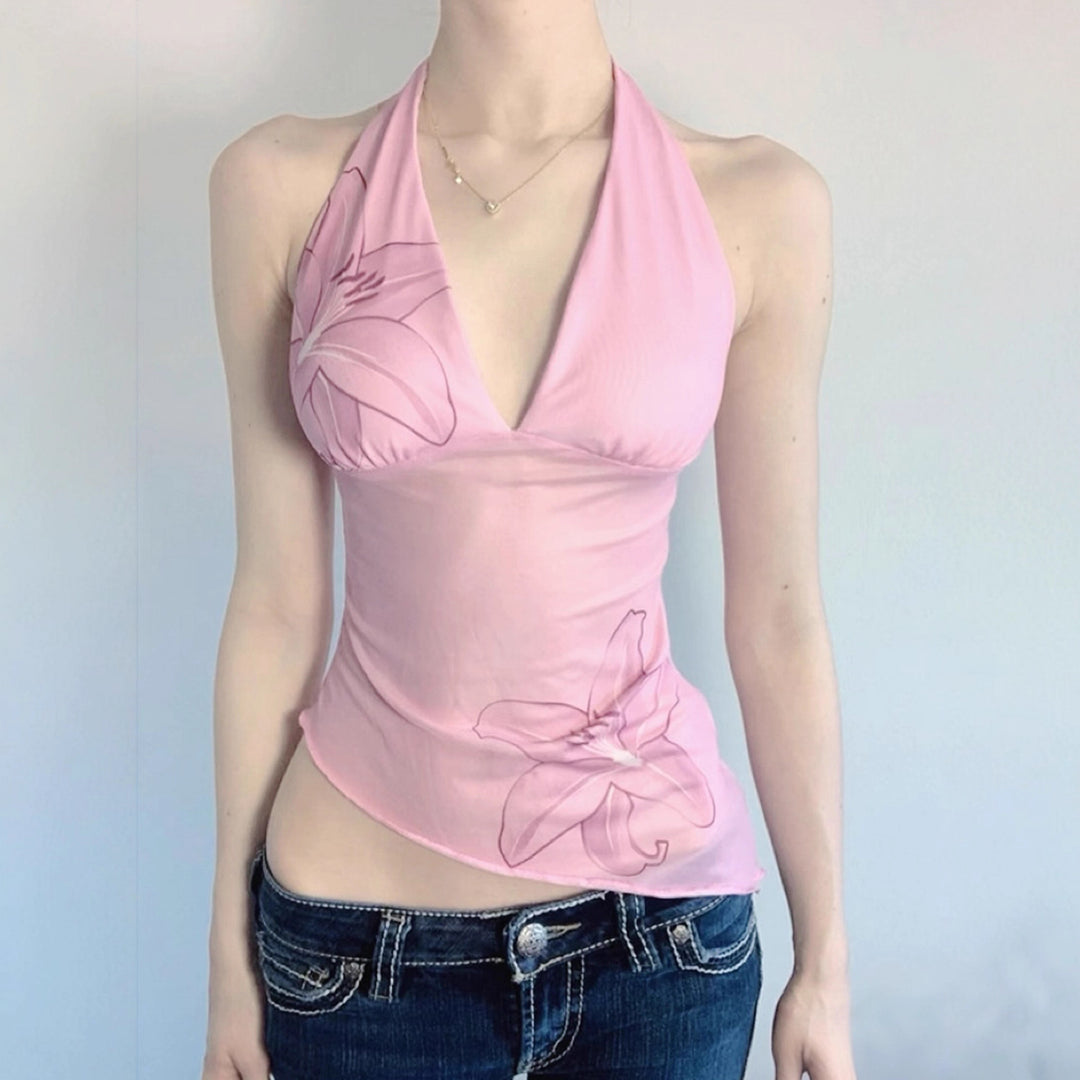 Damen Neckholder Oberteil mit floralem Design und asymmetrischem Schnitt Drune