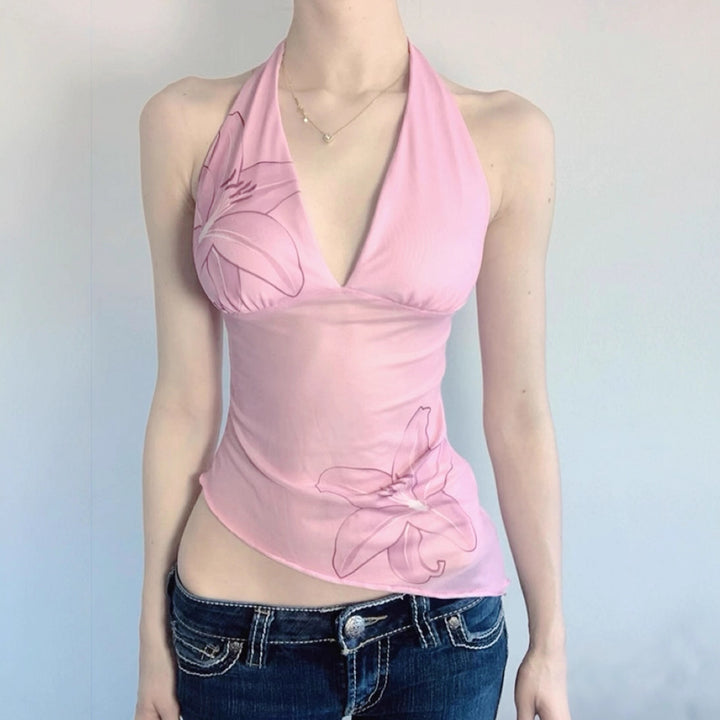 Damen Neckholder Oberteil mit floralem Design und asymmetrischem Schnitt Drune