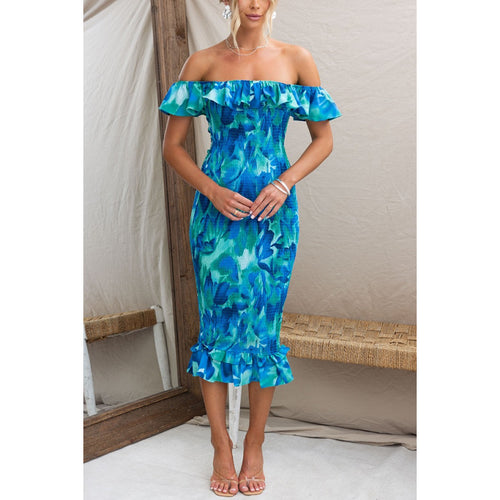 Damen Off-Shoulder Kleid mit Rüschen und figurbetonter Passform Drune