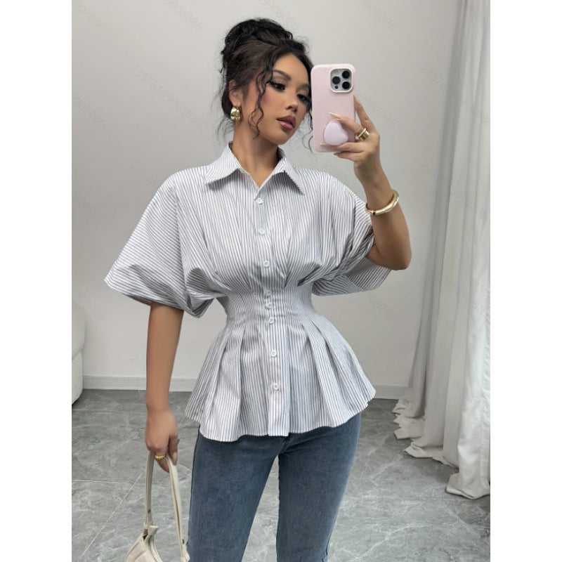 Damen taillierte Bluse mit Puffärmeln und Streifenmuster Drune