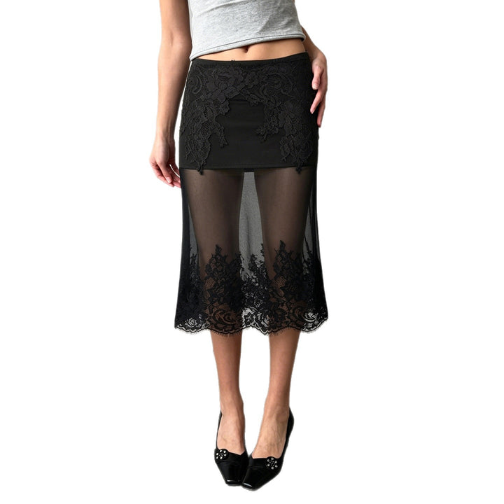Damen Spitzenrock mit transparentem Unterkleid und verzierten Rüschen Drune