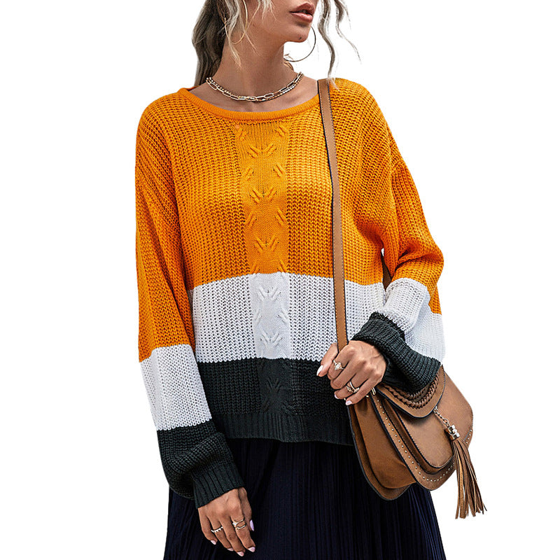 Damen lässiger Strickpullover mit modischen Blockstreifen und weitem Schnitt Drune