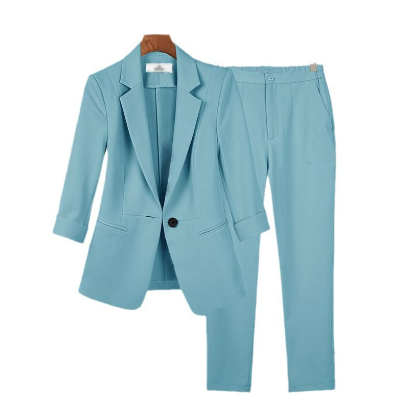 Damen nan schlanker Zweiteiler Business-Blazer mit krempelbaren 3/4-Ärmeln und hochgeschnittener Tapered-Hose Drune
