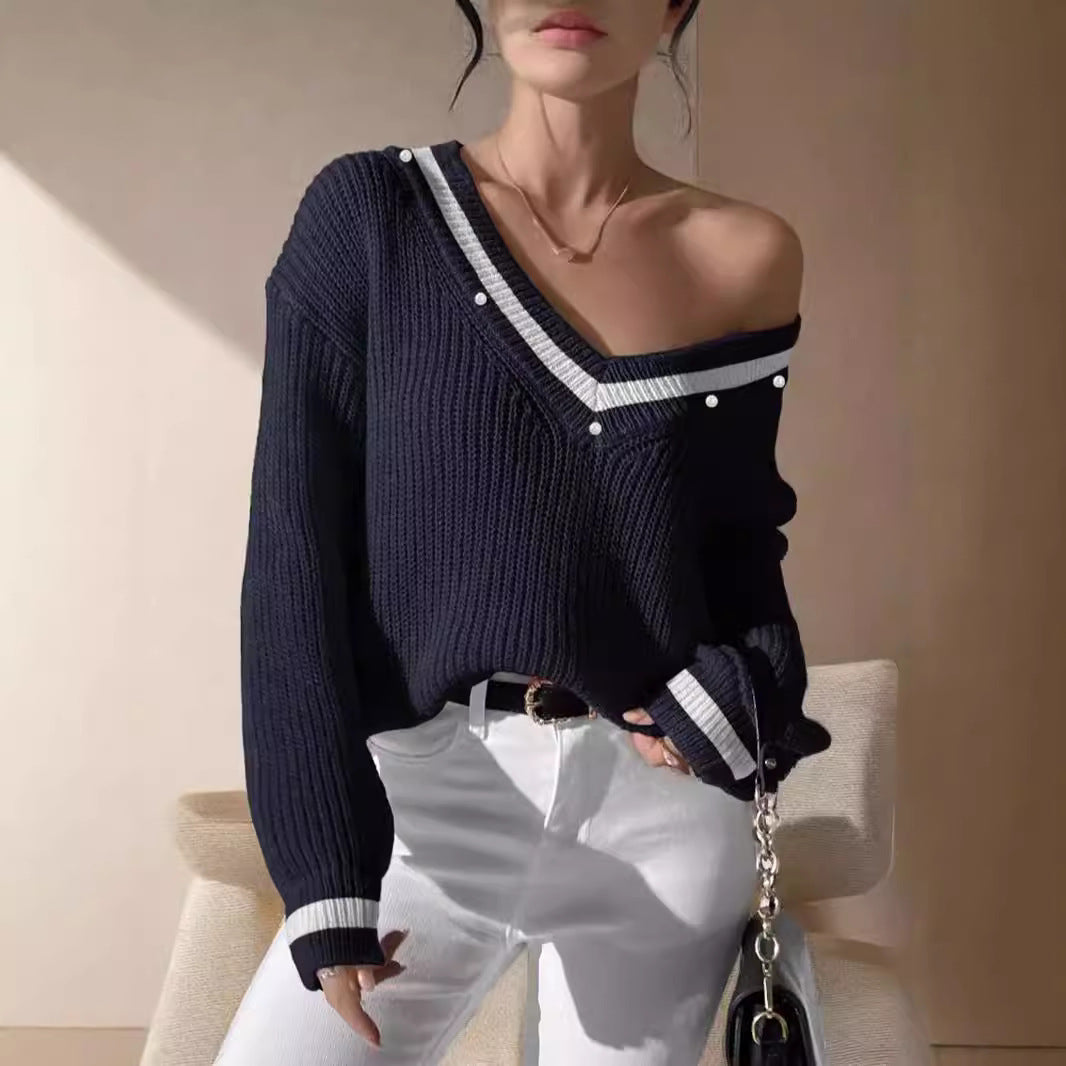 Damen lässiger Pullover mit V-Ausschnitt und dekorativer Knopfleiste Drune
