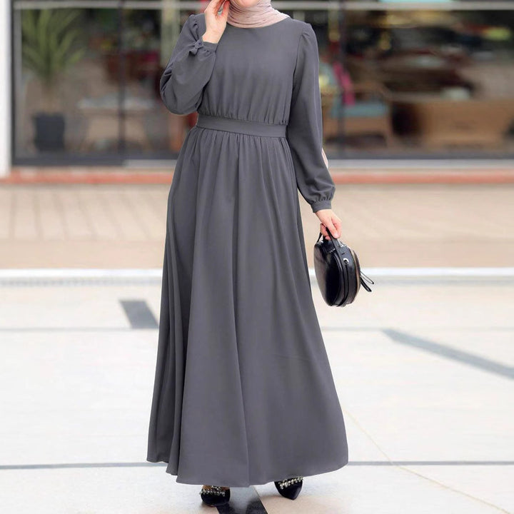 Damen Maxikleid mit elastischem Taillenbund und langen Ärmeln Drune