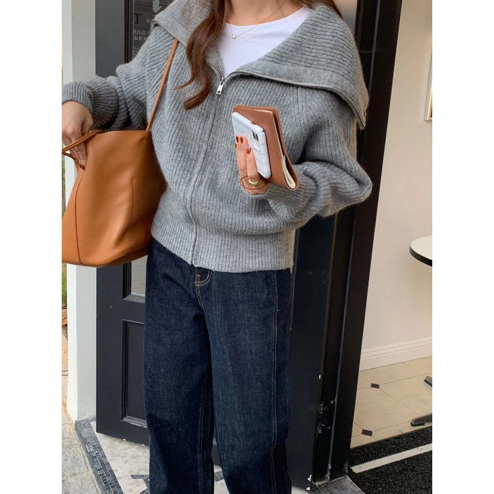 Damen gemütlicher Strickjacke mit offener Front und modischem Kragen Drune