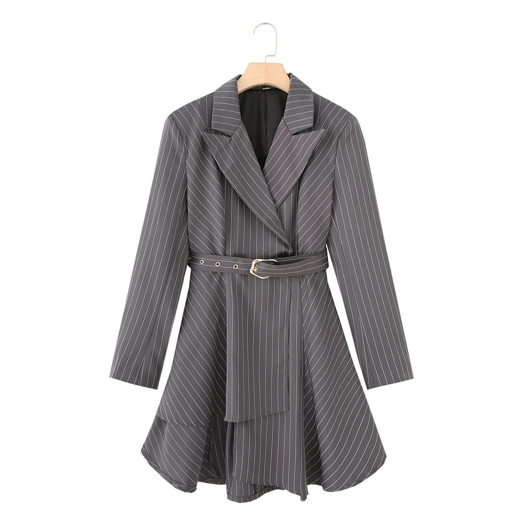Damen gestreifte Blazerjacke mit definiertem Taillenschnitt und elegantem Gürtel Drune