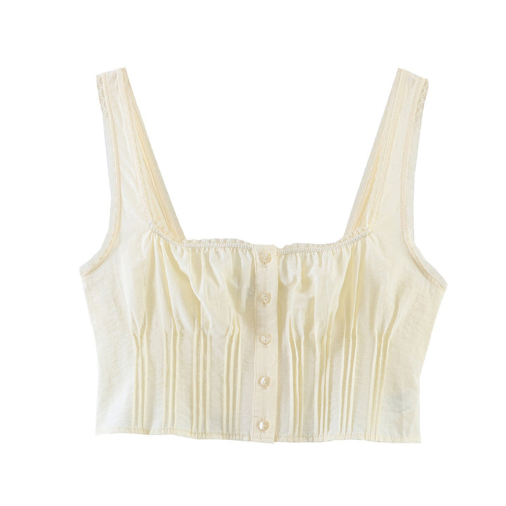 Damen-Crop-Top mit feinen Falten und Zierknöpfen Drune