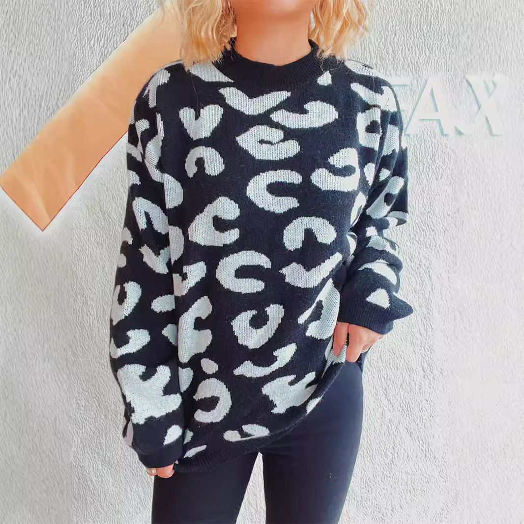 Damen gemütlicher Oversized-Pullover mit modernem Leopardenmuster und Rundhalsausschnitt Drune