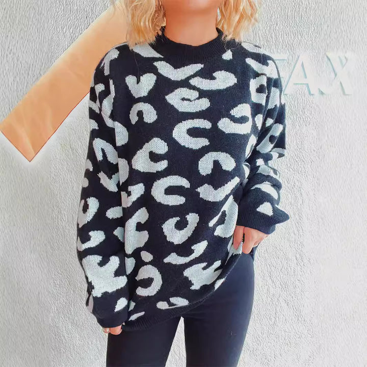 Damen gemütlicher Oversized-Pullover mit modernem Leopardenmuster und Rundhalsausschnitt Drune