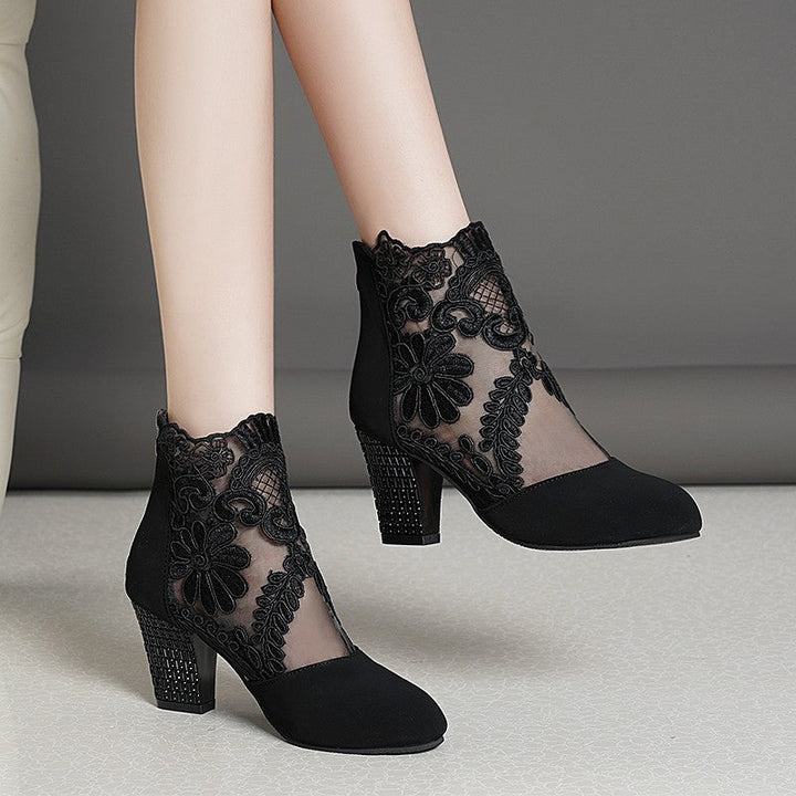 Damen Elegante Schnürstiefeletten mit Floralem Spitzen-Design und Blockiertem Absatz Drune