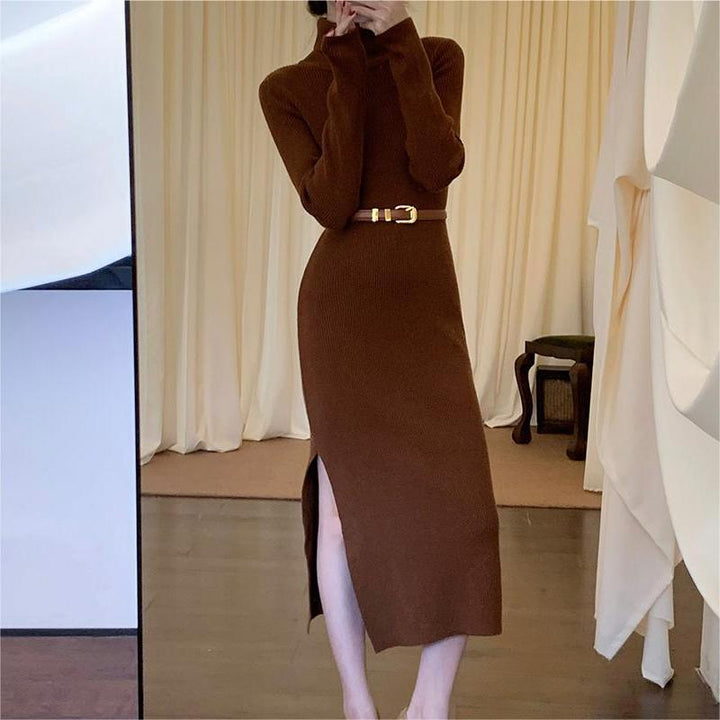 Damen elegantes Strickkleid mit hohem Kragen und seitlichem Schlitz Drune