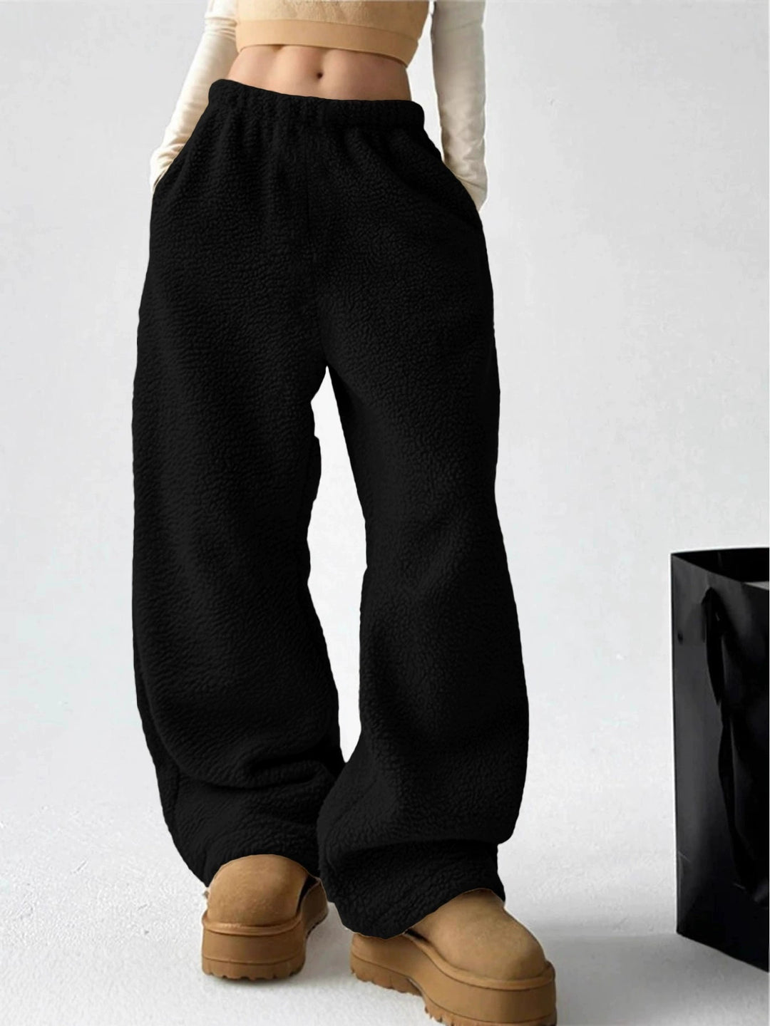 Damen bequeme Fleece-Hose mit weitem Schnitt und elastischem Bund Drune