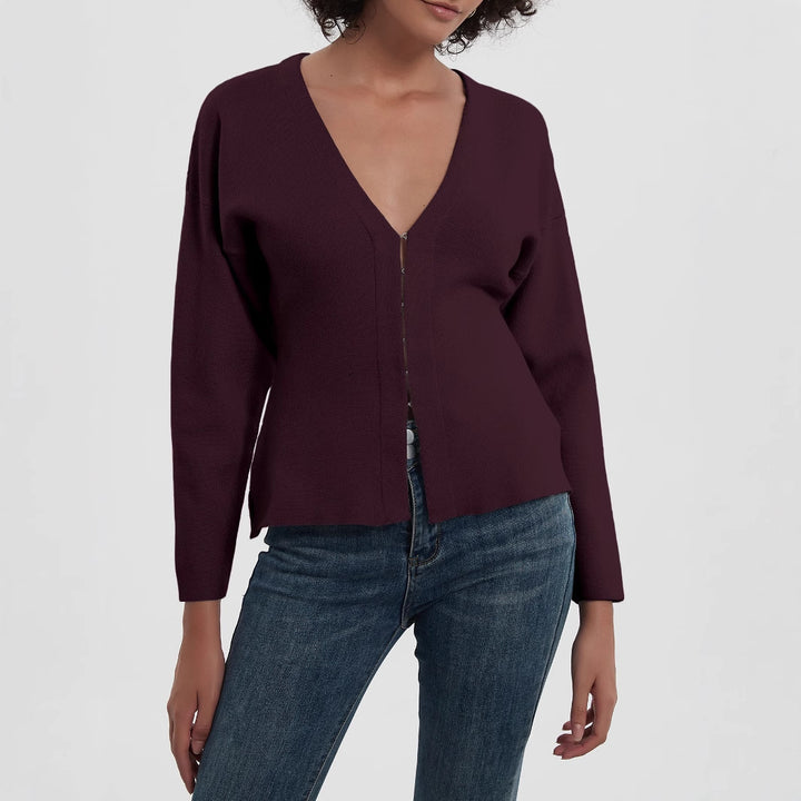 Damen elegante Strickjacke mit V-Ausschnitt und Knopfverschluss Drune