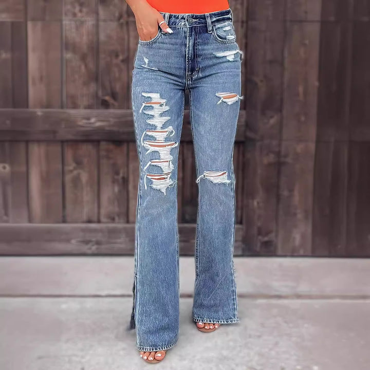 Damen High-Waist Flared Jeans mit Destroyed-Effekten und seitlichem Schlitz Drune