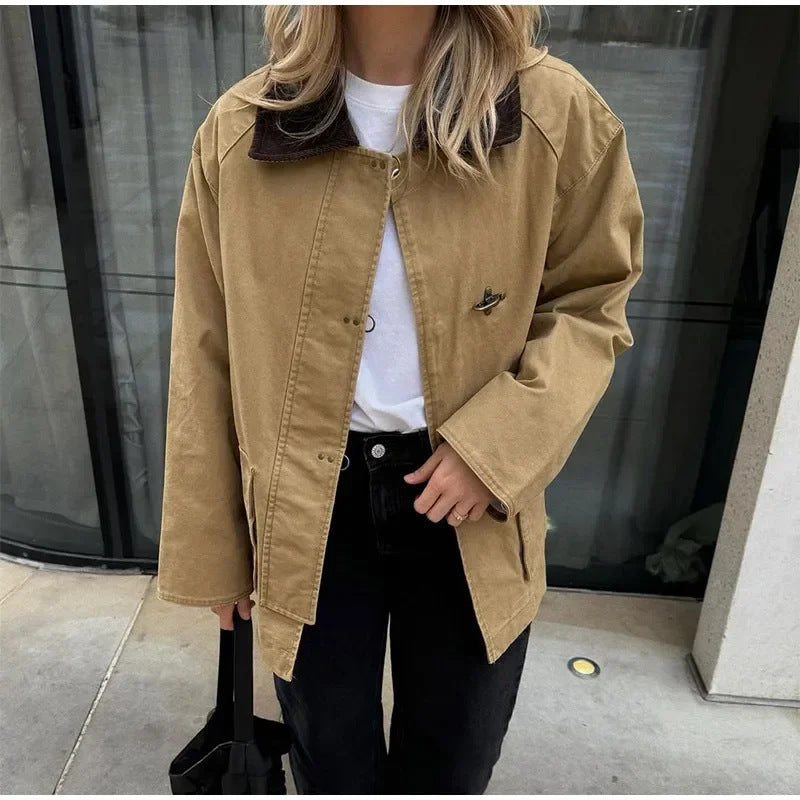 Damen Modische Baumwolljacke mit abnehmbarem Kragen Drune