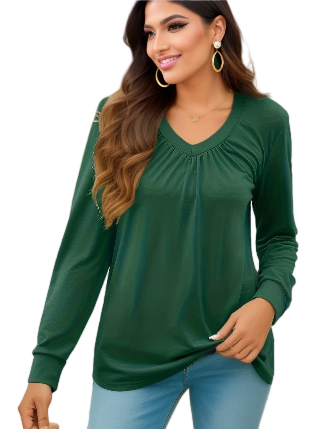 Damen V-Ausschnitt Langarmshirt mit geschmackvollem Faltenwurf und lässiger Passform Drune