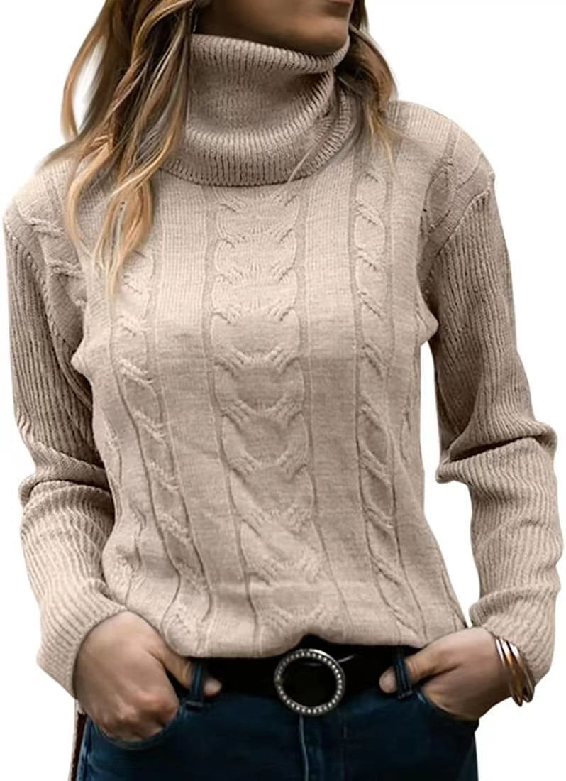 Damen Strickpullover mit hohem Kragen und strukturiertem Zopfmuster Drune