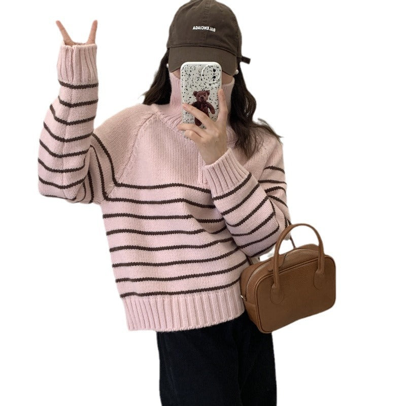 Damen lässiger Strickpullover mit sportlichem Kragen und Streifenmuster Drune