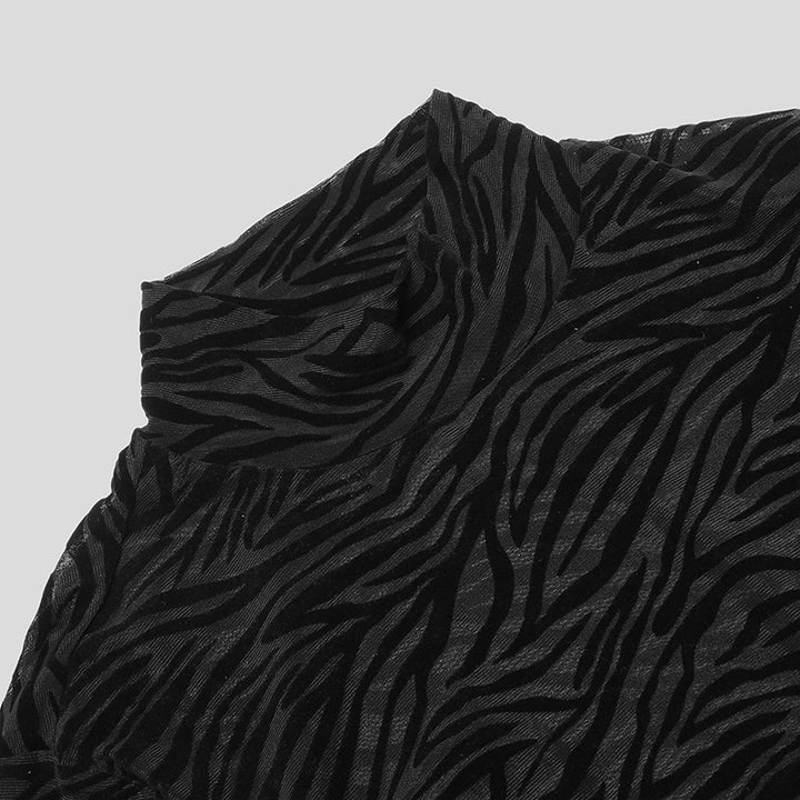 Damen nan transparentes langärmliges Netzoberteil mit Rollkragen und animalischem Strukturmuster Drune