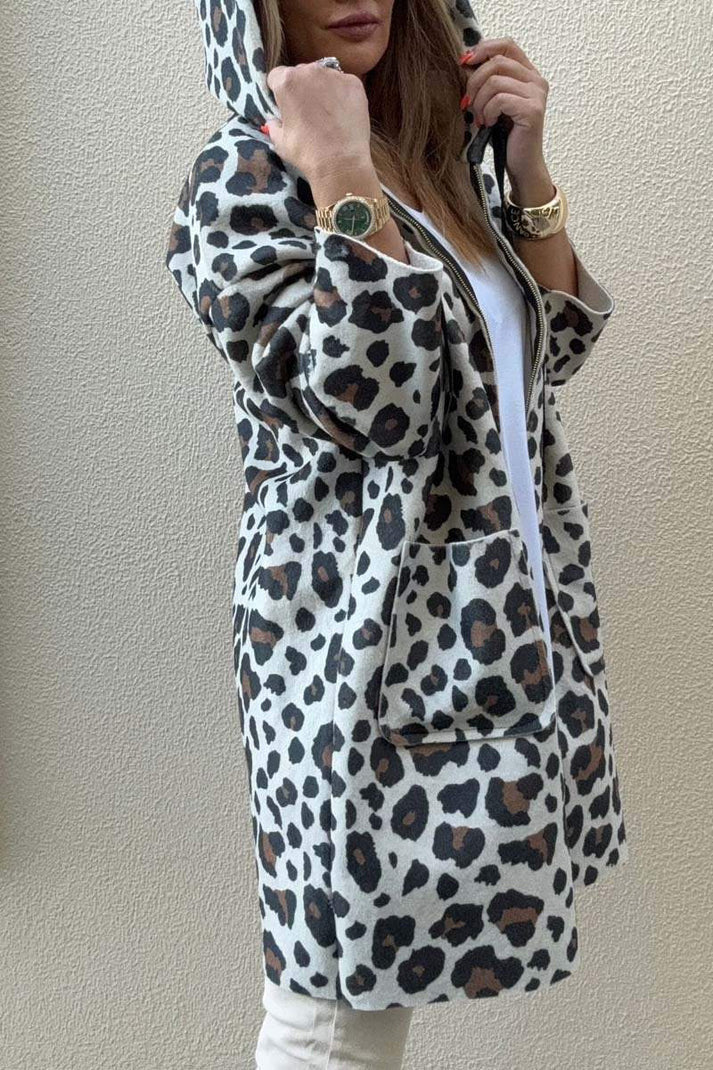 Damen Kapuzenjacke mit modischem Leopardenmuster und praktischen Taschen Drune