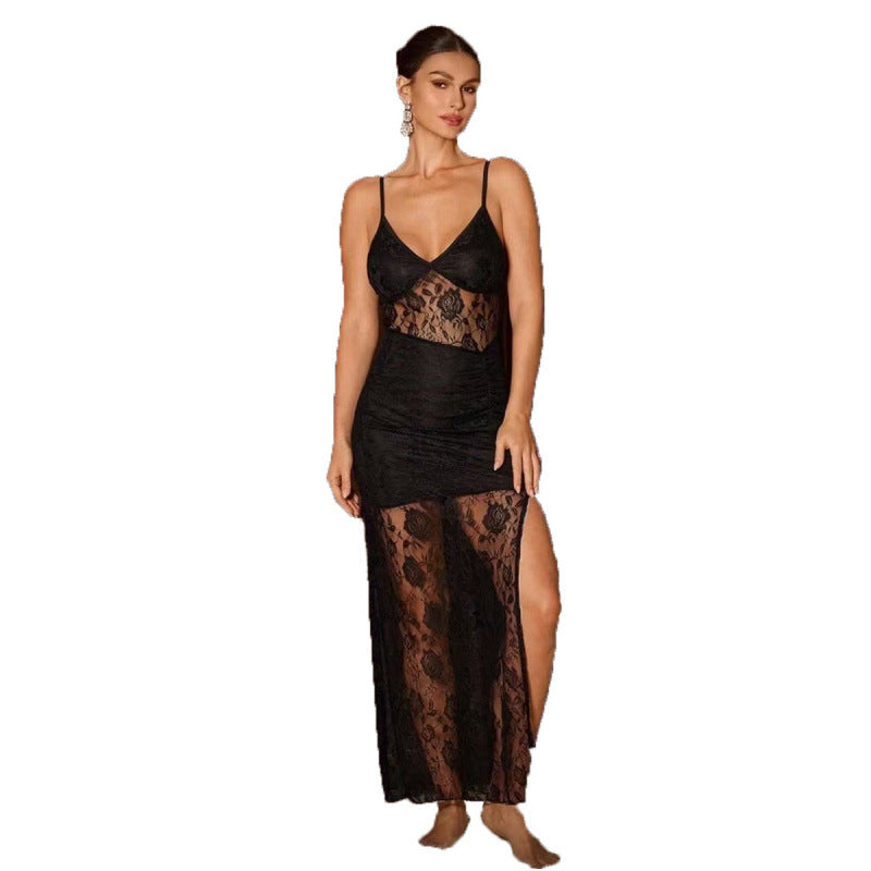 Damen Elegantes Spitzen-Nachtkleid mit verführerischem Schlitz und Spaghettiträgern Drune
