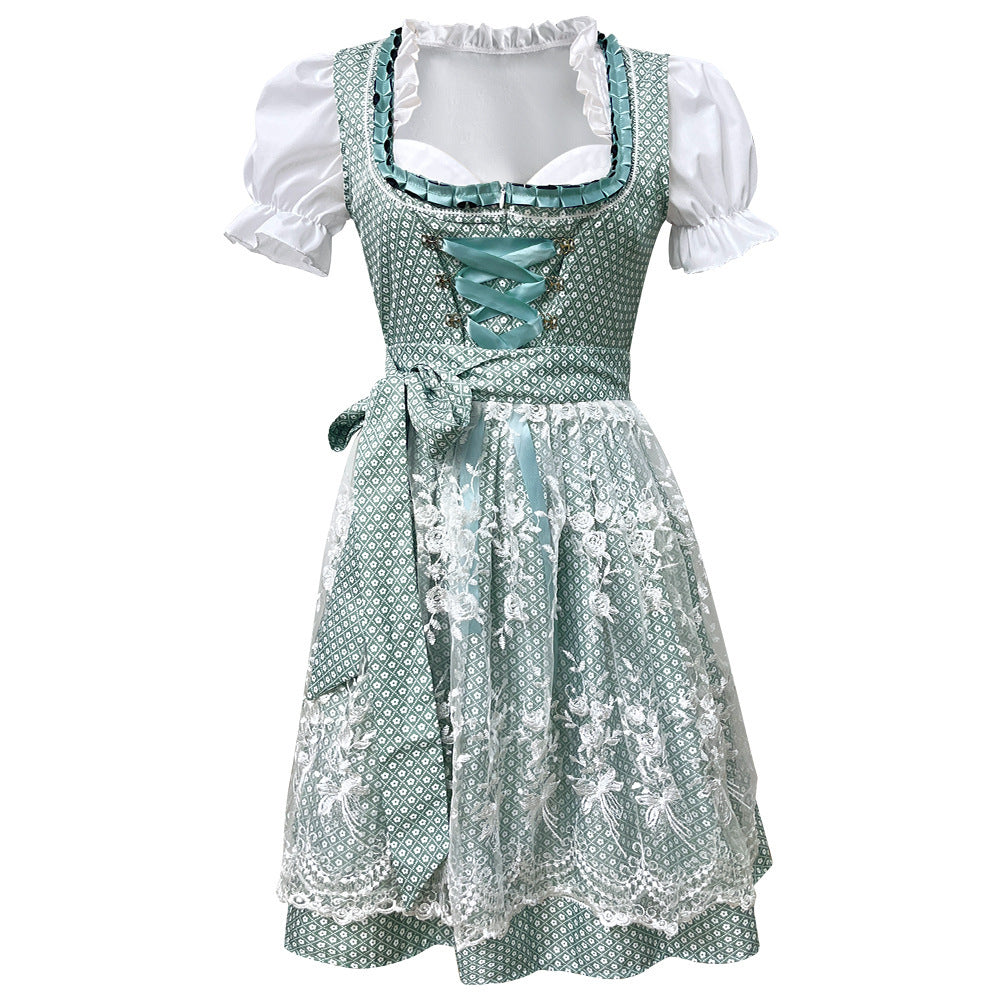 Damen nan traditionelles kurzes Dirndl mit Spitzenapron, Herzausschnitt, Puffärmeln und Schnürung Drune