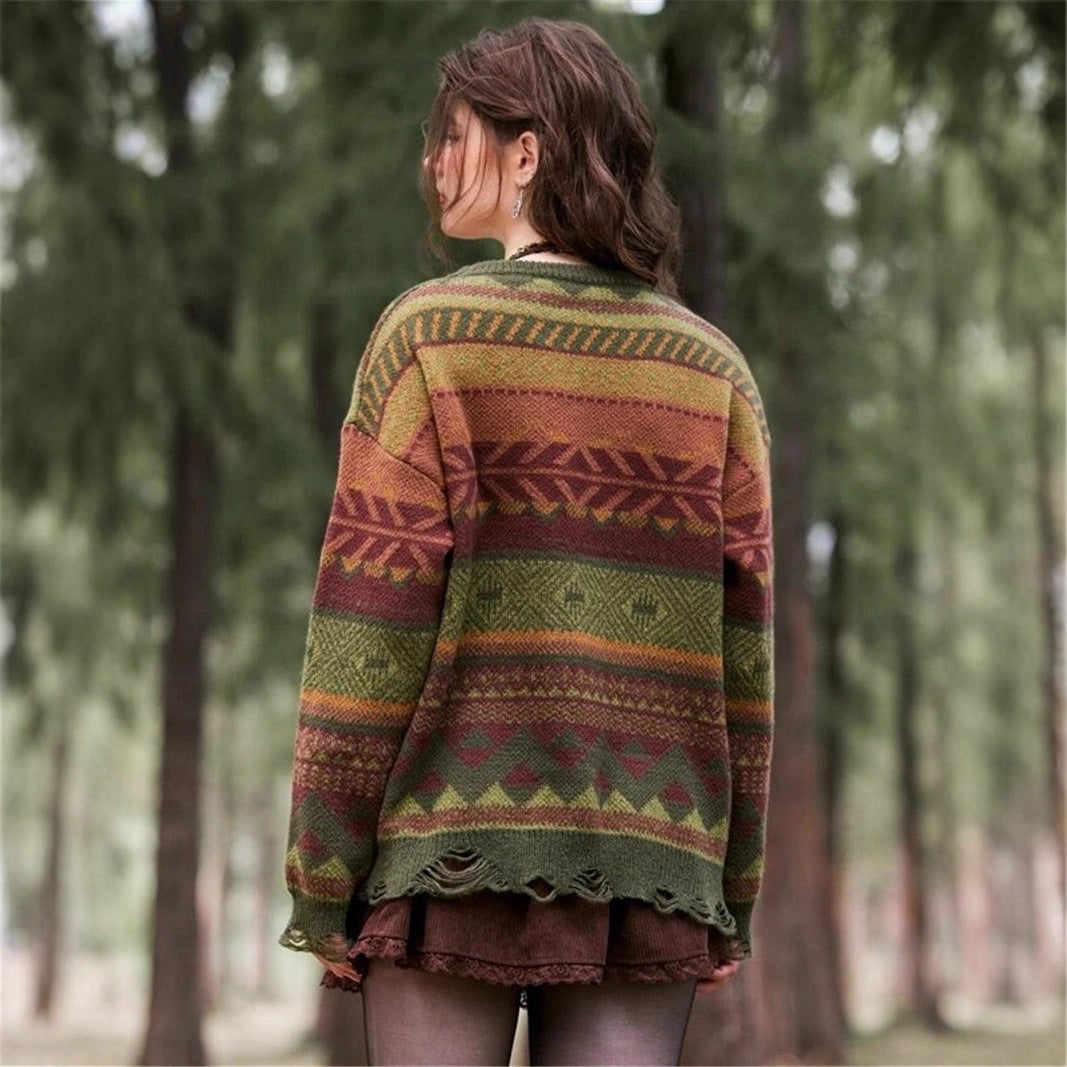 Damen Gemusterter Pullover im Boho-Stil mit fransigem Saum Drune