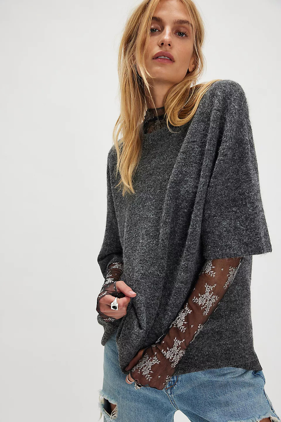Damen Stylish halbtransparentes Sweatshirt mit Spitze und lässigem Schnitt Drune
