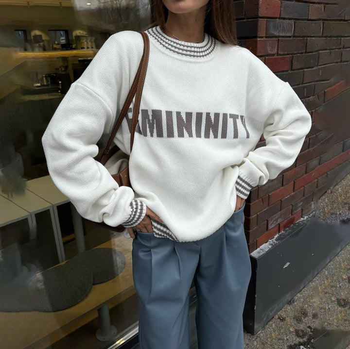Damen Oversized Strickpullover mit grafischem Schriftzug Drune