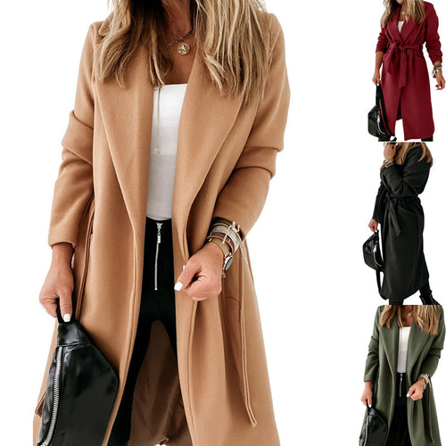 Damen Eleganter und gemütlicher Mantel mit Gürtel und Taschen Drune