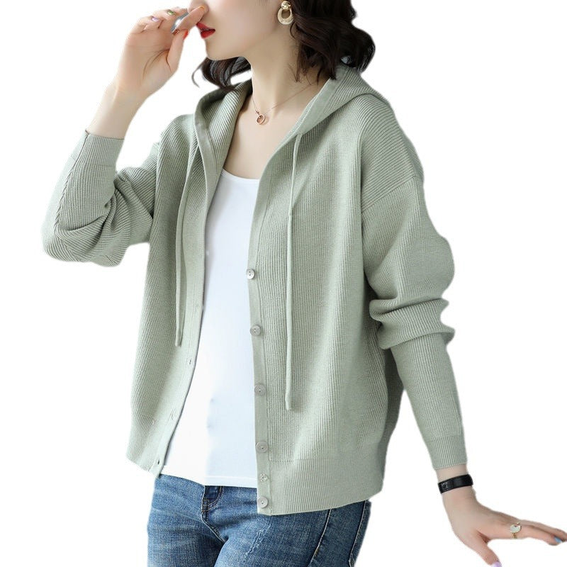 Damen lässige Strickjacke mit Kapuze und Knopfverschluss Drune