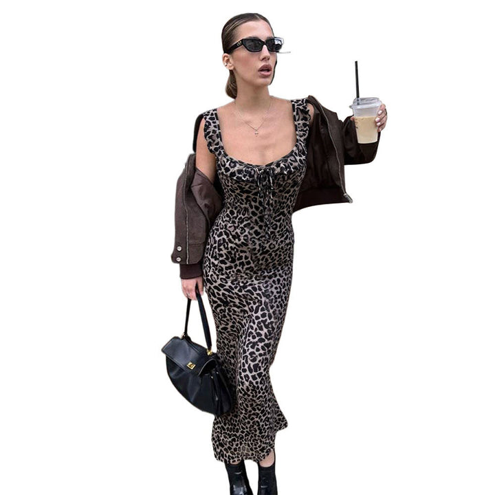 Damen Maxikleid mit Leopardenmuster und verführerischem Ausschnitt Drune