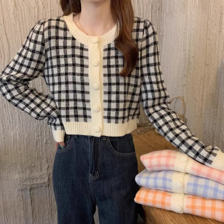 Damen Kurzstrickjacke mit Karo-Muster und Knöpfen Drune