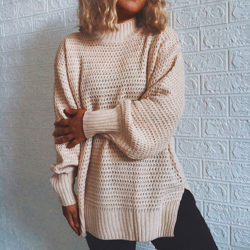 Damen lässiger Strickpullover mit hohem Kragen und voluminösen Ärmeln Drune