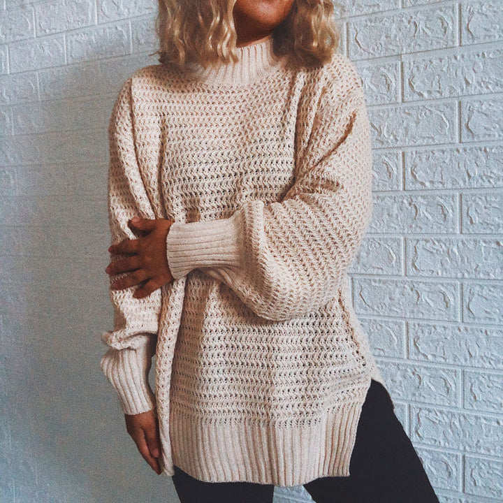 Damen lässiger Strickpullover mit hohem Kragen und voluminösen Ärmeln Drune
