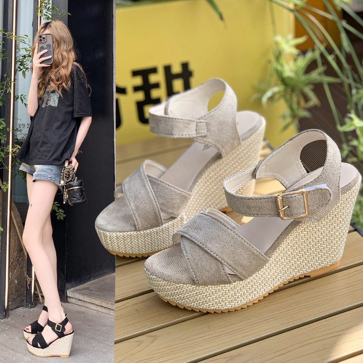 Damen nan Espadrille-Keilabsatz-Sandalette mit gekreuzten Veloursriemen und verstellbarer Schnallenlasche Drune