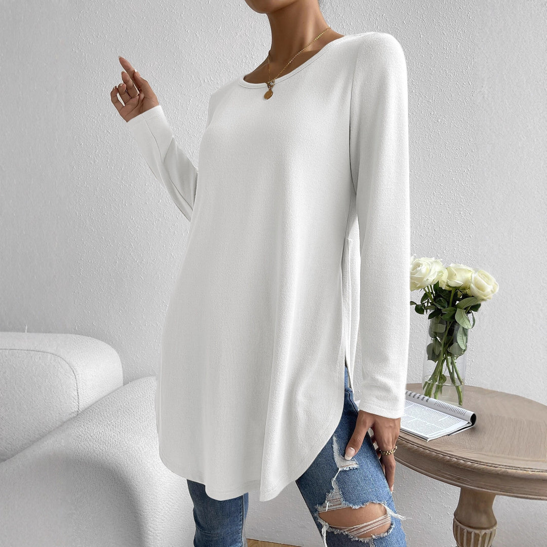Damen lässiges Longsleeve-T-Shirt mit asymmetrischem Saum und bequemem Rundhalsausschnitt Drune