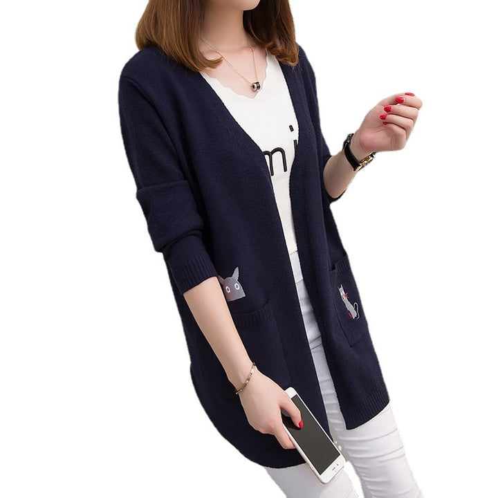Damen Strickjacke mit verspieltem Katzenmotiv und tiefen Taschen Drune