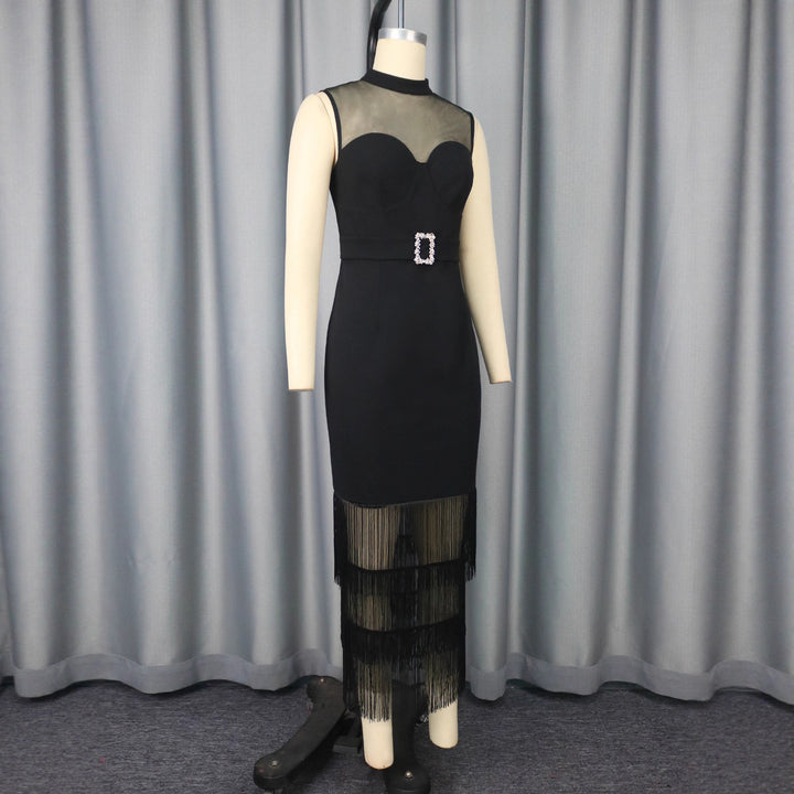 Damen Glamouröses Cocktailkleid mit transparentem oberen Einsätzen und Fransen Drune