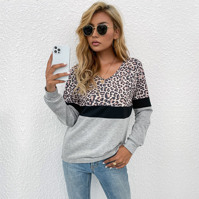 Damen lässiger Pullover mit kontrastierendem Leo-Print Drune