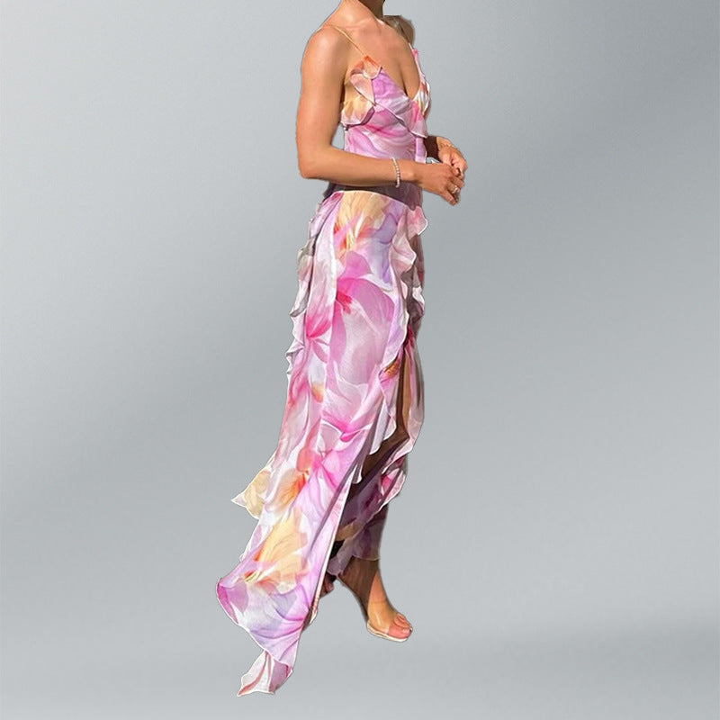 Damen Maxikleid mit floralen Rüschen und elegantem Schlitz Drune