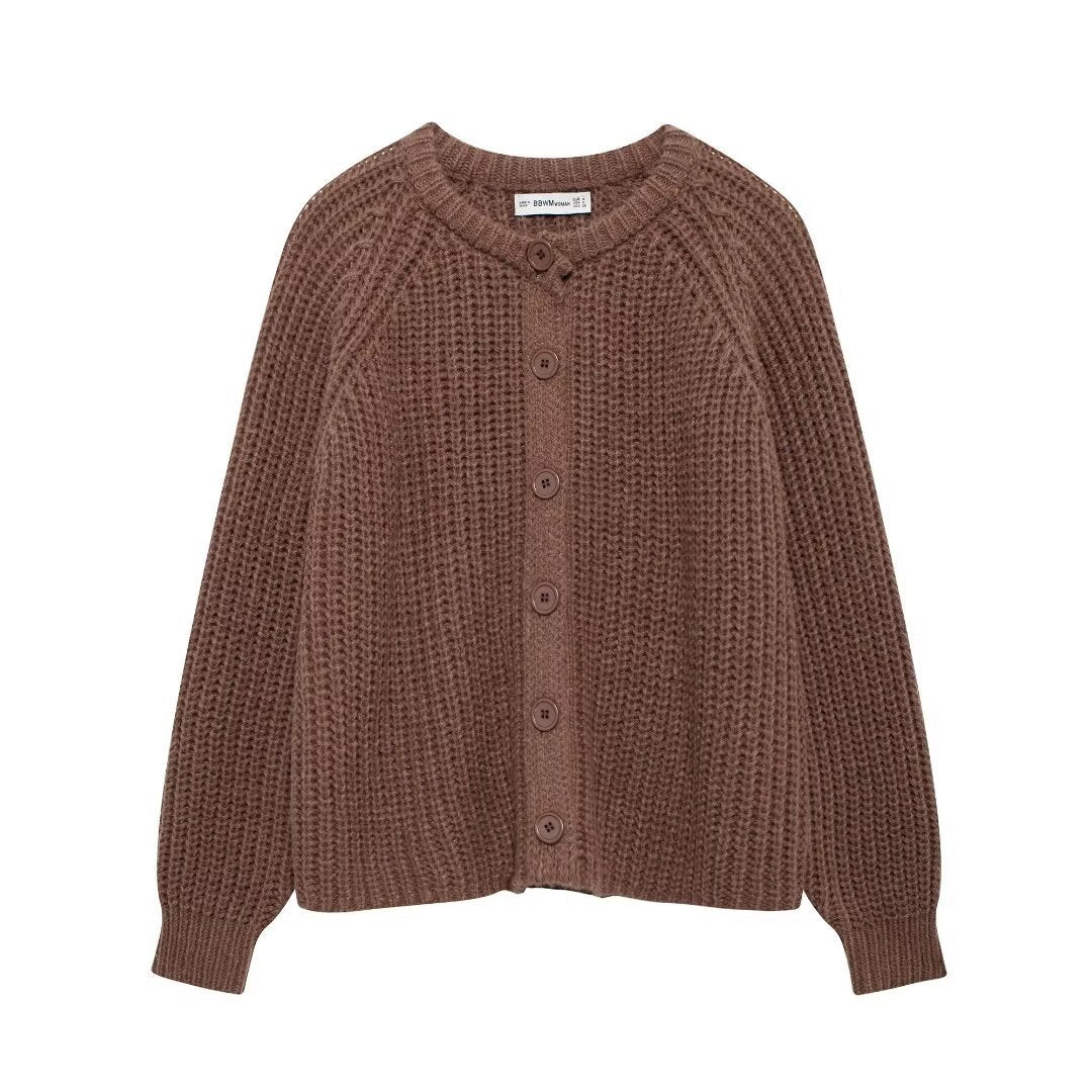Damen nan grob gestrickte Raglan-Cardigan mit Ballonärmeln und durchgehender Knopfleiste Drune