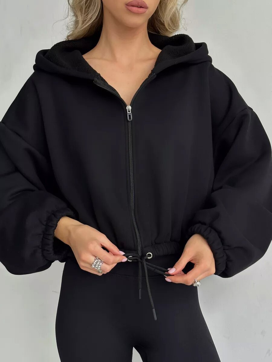 Damen nan kurzes Oversize-Kapuzensweatshirt mit Halbzip und Kordelzugbund Drune